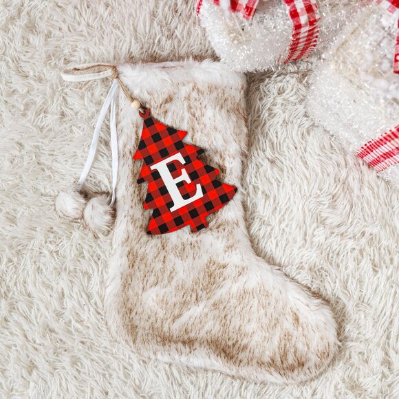 Long Faux Fur Christmas Stocking Woft - Personalized with Cutout Wood Name Tag - Picture 5 of 7